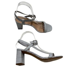 Bleecker & Bond Ice Blue Croc Embossed Strappy Zagora Sandal | Size 7